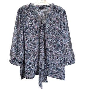 The Limited Black Multicolor Sheer Tie Front Three Quarter Length Sleeve